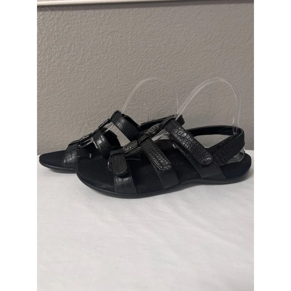 Vionic Womens 7 Amber Sandals Black Croc Embossed Leather Adjustable Orthopedic
